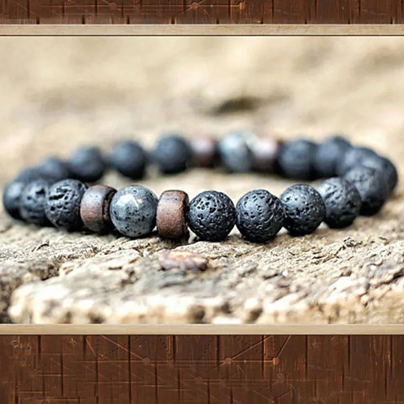 Pulsera única de piedra de lava natural para hombre, con cuentas de 8 mm y hebra curativa. 