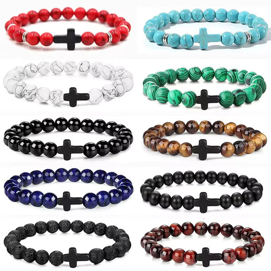Pulseras de oración con cruz de hematita y rosario de cuentas de madera y piedra natural para hombres 