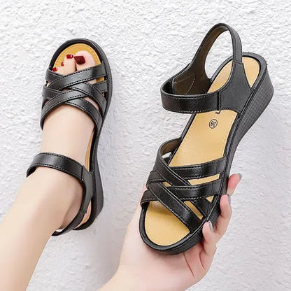 Color: Beige, Shoe Size: 38 - Mother Sandals Summer Soft Soled Middle-aged and Elderly Non-slip Work Shoes 4cm Wedges Flat Grandma Shoes To Wear Outside