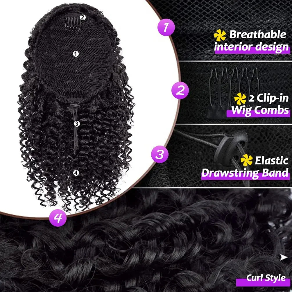 Color: T1B/30, Stretched Length: 20inches - Synthetic Short Afro Kinky Curly Ponytail Hair Piece for African American Ponytail Extension Afro Kinky Curly Ponytail for Women
