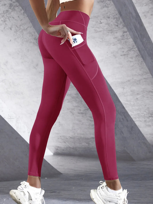 Color: Red, Size: M - New High Waist Women's Leggings Stretch Yoga Pants Tights With Pockets Push Up Fitness Running Sportswear Solid Color Pants