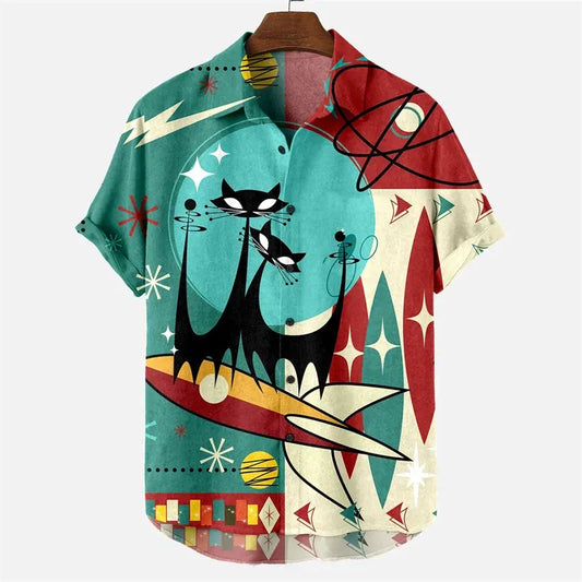 Color: Brown, Size: XXL - Men's Summer Shirts Egyptian Cat 3D Pattern Shirt Summer Lapel Short Sleeve Vintage Tops 2023 Unisex Men's And Women's Clothing