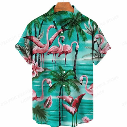 Color: MULTI, Size: M - Flamingo Hawaiian Shirts Beach Summer Men's Shirt Tropic Leaf 3D Print Shirts Men Women Fashion Blouse Short Sleeve Vocation