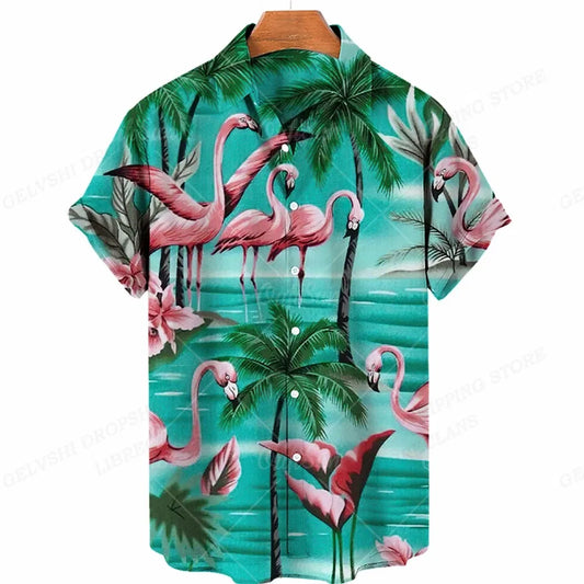 Color: MULTI, Size: M - Flamingo Hawaiian Shirts Beach Summer Men's Shirt Tropic Leaf 3D Print Shirts Men Women Fashion Blouse Short Sleeve Vocation