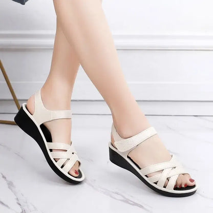 Color: Beige, Shoe Size: 38 - Mother Sandals Summer Soft Soled Middle-aged and Elderly Non-slip Work Shoes 4cm Wedges Flat Grandma Shoes To Wear Outside