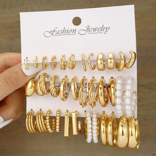 Conjunto de pendientes de aro geométricos de moda para mujer, estilo vintage bohemio con perlas. 