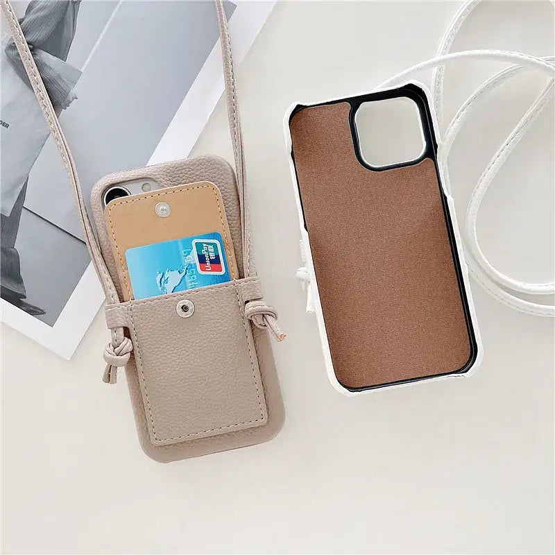 Color: Brown, Material: Nylon - Personalized Gold Silver Letters Leather PU Card Holder Lanyard Hard Case For iPhone 14 13 12 11 15 Pro Max XS XR 16  Plus Cover