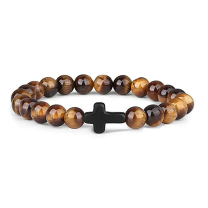 Pulseras de oración con cruz de hematita y rosario de cuentas de madera y piedra natural para hombres 