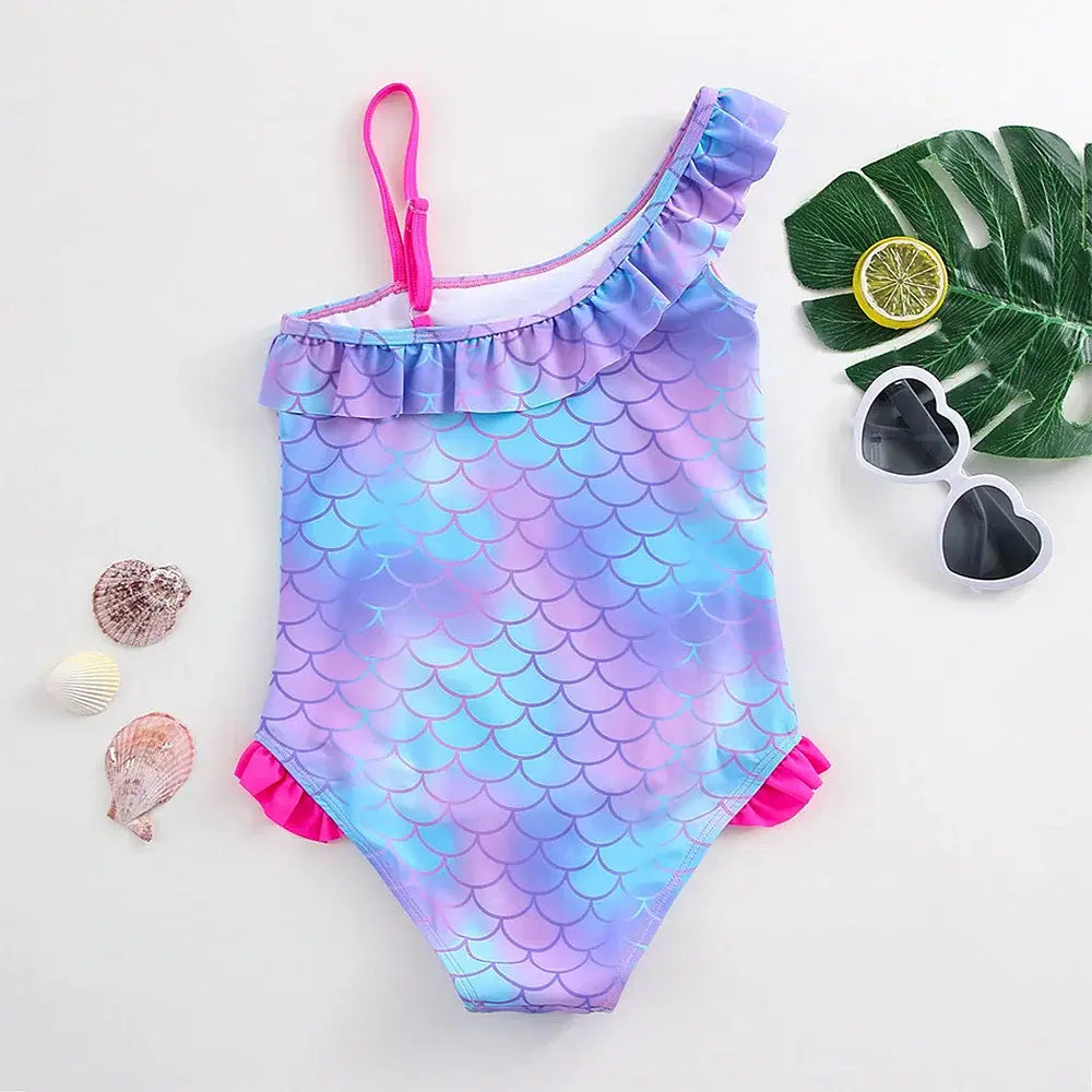 Color: Pink, Size: M - Stitch Girls Swimsuit Fashion Mermaid Fish Scale One-Piece Bathing Suits Children's Dresses Summer Swimwear Beach Suit Kids Wear