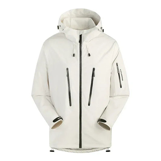 Color: Ivory, Size: L - Spring Autumn Men's Windbreaker Fashion Outdoor Mountaineering Travel Windproof Waterproof Hooded Jacket Slim Fit Versatile Coat