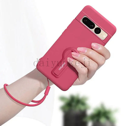 Color: Blue, Material: aluminum - Phone Case For Google Pixel 7 8 6 5 9 Pro XL Pixel 7A 6A 5A 8A 9A Soft Cover Silicone Case with Holder Stand Bracket Lanyard