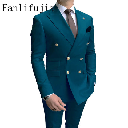 Color: SKY BLUE, Size: S - Fanlifujia Store 2024 Casual Sky Blue Men Suits Double Brested Peak Lapel  Gold Button Groom Wedding Tuxedos Best Costume Homme