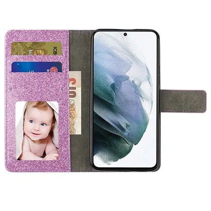 Color: Silver, Material: Microfiber - Wallet Glitter Case For Samsung Galaxy S24 FE S23 Ultra S22 Plus S21 S20 A13 A14 A15 A16 A53 A54 A55 A34 Flip Luxury Leather