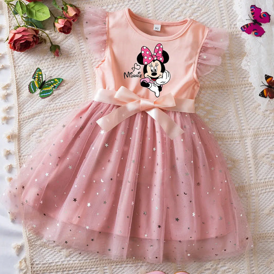 Color: Turquesa, Talla: S - Vestido de verano con lentejuelas y mangas voladoras de Mickey y Minnie Mouse para niñas de 2 a 6 años, vestido de princesa con tutú para cumpleaños de niñas.