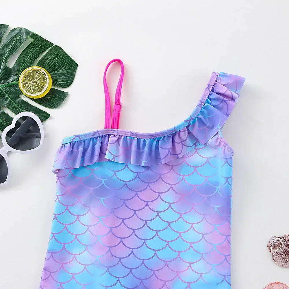 Color: Pink, Size: M - Stitch Girls Swimsuit Fashion Mermaid Fish Scale One-Piece Bathing Suits Children's Dresses Summer Swimwear Beach Suit Kids Wear