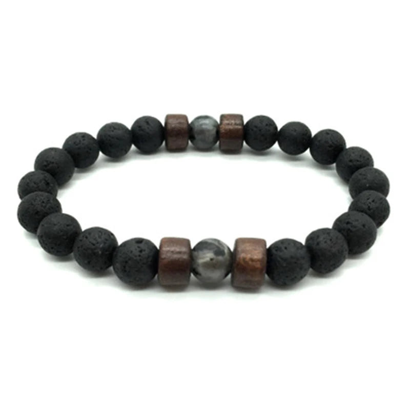 Pulsera única de piedra de lava natural para hombre, con cuentas de 8 mm y hebra curativa. 