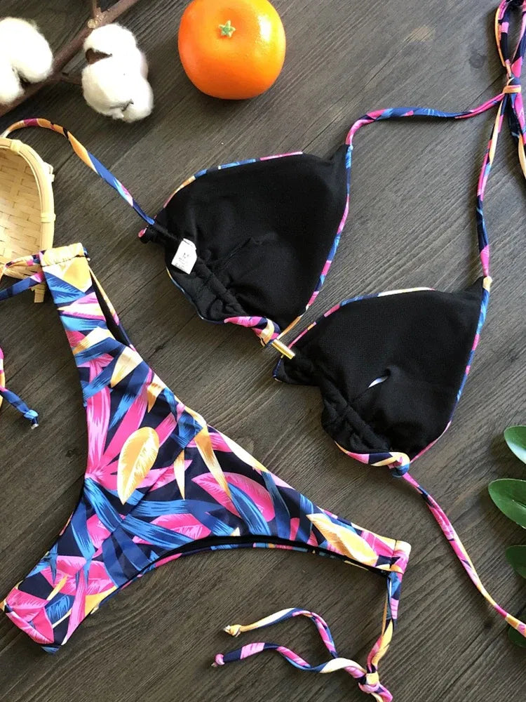 Color: negro, talla: S - RUOTONGSEPT Conjunto de microbikini sexy 2022, nuevo traje de baño para mujer, estampado de plumas, vendaje, traje de baño femenino, bikini brasileño.