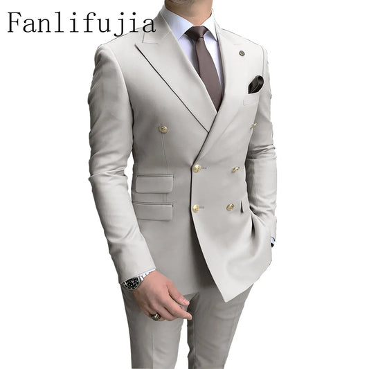 Color: GRAY, Size: 5XL - Fanlifujia Store 2024 Casual Sky Blue Men Suits Double Brested Peak Lapel  Gold Button Groom Wedding Tuxedos Best Costume Homme