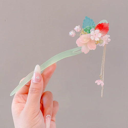 Elegante accesorio para el cabello de estilo chino con borla de flores esmaltadas románticas 
