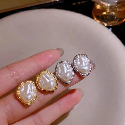 2PC Fashion Metal Irregular Imitation Pearl Stud Earrings Women