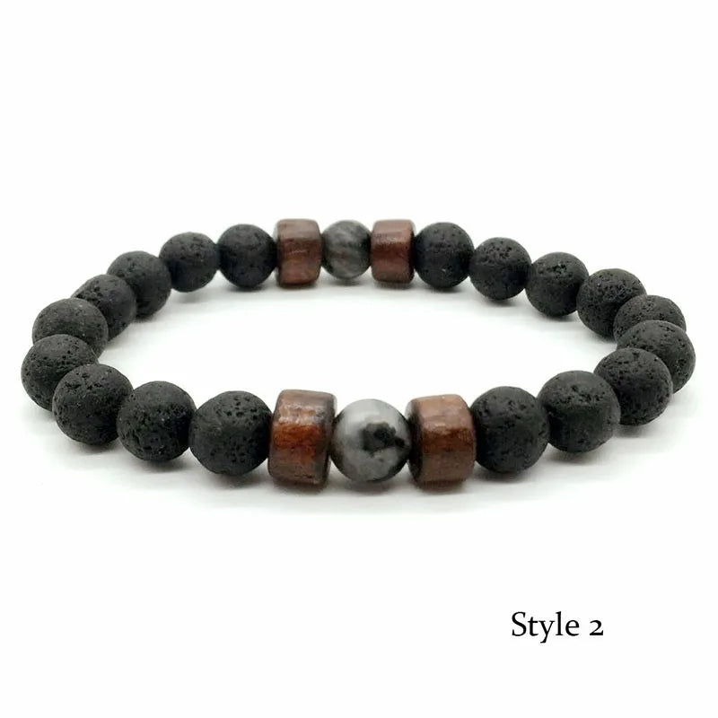 Pulsera única de piedra de lava natural para hombre, con cuentas de 8 mm y hebra curativa. 