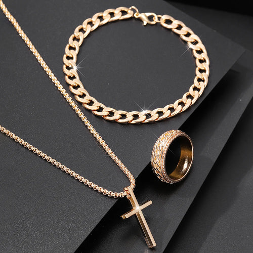 Conjunto de joyería de aleación de moda para hombre de 3 piezas: collar con colgante de cruz, 