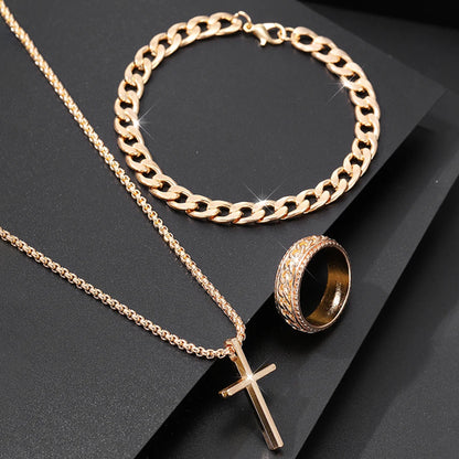 Conjunto de joyería de aleación de moda para hombre de 3 piezas: collar con colgante de cruz, 