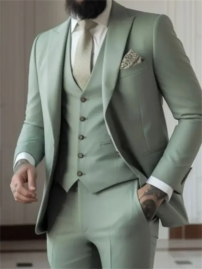 3 Piece Sage Green Men's Slim Fit Suits (Jacket+Vest+Pant) Wedding