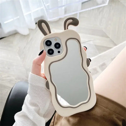 Color: Pink, Material: PU - Cute Bunny Ears Mirror Phone Case For iPhone 15 14 Plus 13 12 11 Pro Max Shockproof Silicone Case