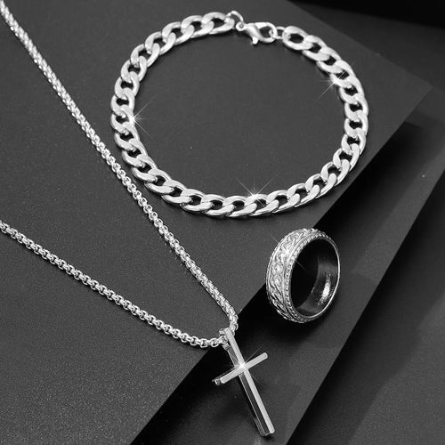 Conjunto de joyería de aleación de moda para hombre de 3 piezas: collar con colgante de cruz, 