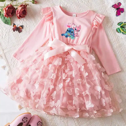 Color: Clear, Size: One Size, Height: 170 - Lilo Stitch Girl Baby Dresses Spring Autumn Child Long Sleeve Sweet Princess Dress Mesh Newborn Casual Dress Birthday Party 2-6Y