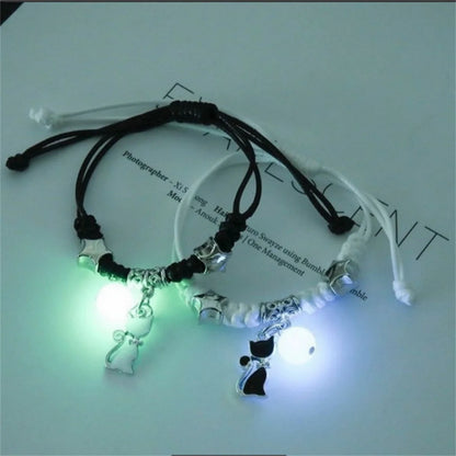 Pulsera de pareja con cuentas luminosas de moda para mujeres y hombres con dije de gato 