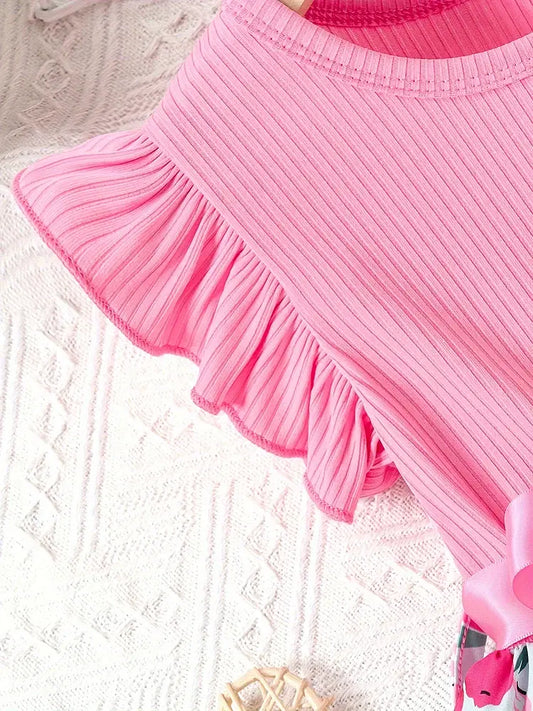 Color: PÚRPURA, Talla para niña: 3T - Vestido con cinturón y ribete acanalado con estampado floral para niña