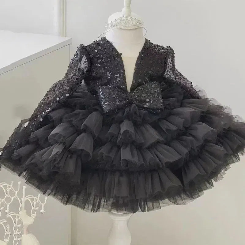 Kid Size: 6T, Color: Brown - 2-12 years old  sequin long-sleeved dress girl puffy dress girl lace birthday wedding flower girl bow performance dress