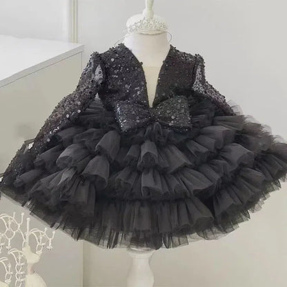 Kid Size: 6T, Color: Brown - 2-12 years old  sequin long-sleeved dress girl puffy dress girl lace birthday wedding flower girl bow performance dress