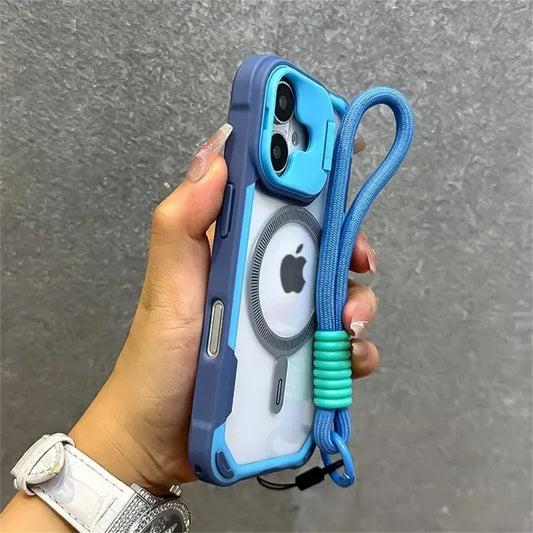 Color: Blue, Material: Silicon - Armor Candy Color Clash For Magsafe Phone Case For iPhone 16 15 14 13 12 11 Pro Max Plus Stand With Wrist Strap Phone Back Cover