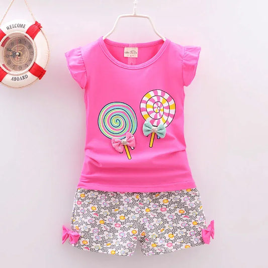 Color: Rosa, Talla de niño: 24M - Conjuntos de ropa para niñas pequeñas, camisetas y pantalones cortos, conjuntos de ropa de verano con estampado de piruletas.