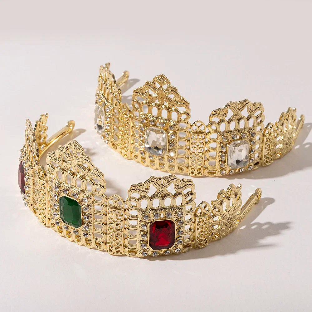 Metal color: Gold-color - LUIZADA European Princess Queen Round Headdress Moroccan Bride Crystal Crown King Bride Headdress Wedding Hair Accessories