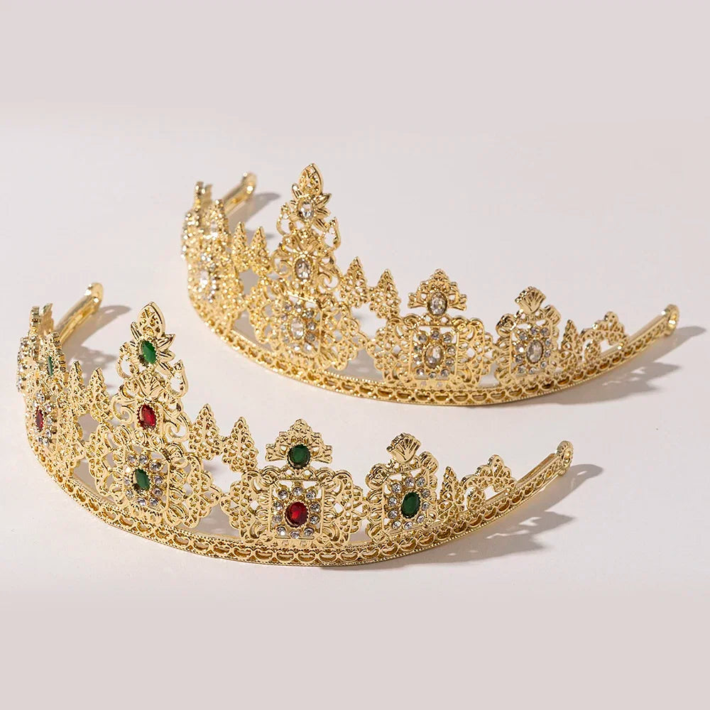 Metal color: Gold-color - LUIZADA European Princess Queen Round Headdress Moroccan Bride Crystal Crown King Bride Headdress Wedding Hair Accessories