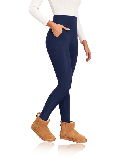 Color: Beige, Talla: XL - Leggings gruesos y cálidos de invierno con bolsillos para mujer, mallas de cintura alta, leggings casuales de terciopelo cálidos que previenen el frío, pantalones súper cálidos