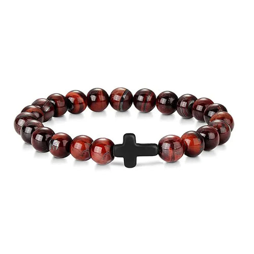 Pulseras de oración con cruz de hematita y rosario de cuentas de madera y piedra natural para hombres 