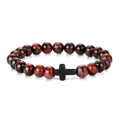 Pulseras de oración con cruz de hematita y rosario de cuentas de madera y piedra natural para hombres 