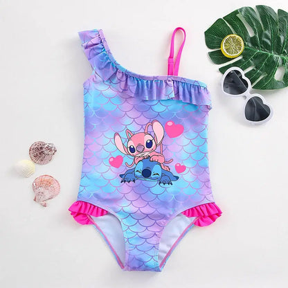 Color: Pink, Size: M - Stitch Girls Swimsuit Fashion Mermaid Fish Scale One-Piece Bathing Suits Children's Dresses Summer Swimwear Beach Suit Kids Wear