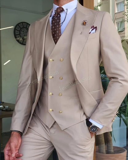 Color: Khaki, Size: L, Ships From: CHINA - 3 Pieces New White Men's Suit 2022  Peak Lapel Slim Fit Casual Tuxedos Groom Tailor Made Terno Masculino (Blazer+Pants+Vest)
