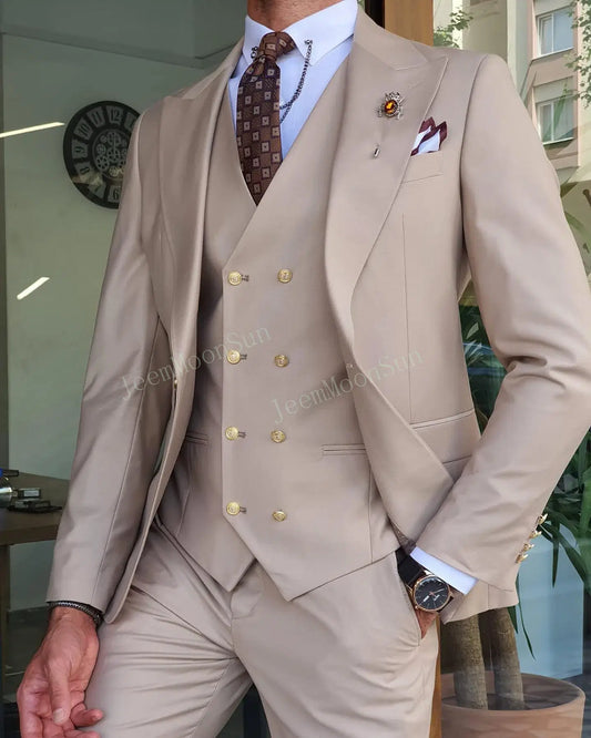 Color: Khaki, Size: L, Ships From: CHINA - 3 Pieces New White Men's Suit 2022  Peak Lapel Slim Fit Casual Tuxedos Groom Tailor Made Terno Masculino (Blazer+Pants+Vest)
