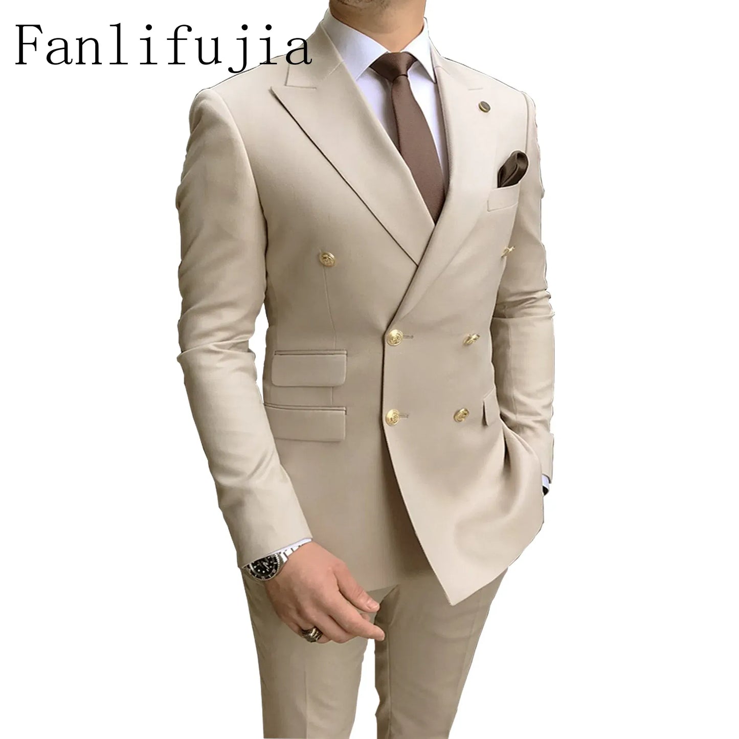 Color: GRAY, Size: 5XL - Fanlifujia Store 2024 Casual Sky Blue Men Suits Double Brested Peak Lapel  Gold Button Groom Wedding Tuxedos Best Costume Homme