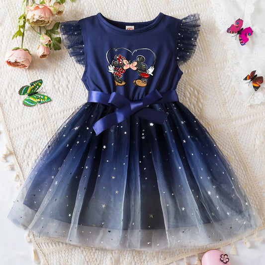 Color: Turquesa, Talla: S - Vestido de verano con lentejuelas y mangas voladoras de Mickey y Minnie Mouse para niñas de 2 a 6 años, vestido de princesa con tutú para cumpleaños de niñas.