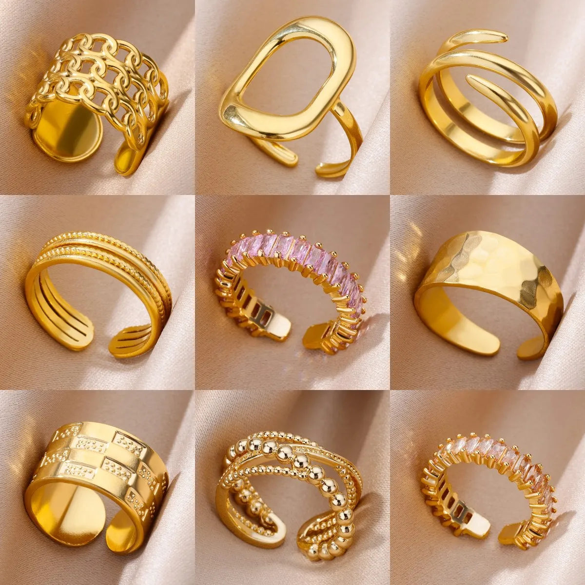 Anillos de acero inoxidable 316L para mujer, color dorado, nunca se decoloran, de lujo. 