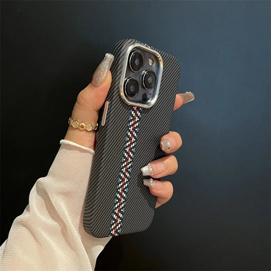 Compatible-Phone Models: For iPhone 15 Pro, Color: black - Abstract Carbon Color Relief Case for iPhone 16 Pro Max 15 14 Cover MagSafe Charge Alloy Lens Camera Bumper Hard Armor PC Shell