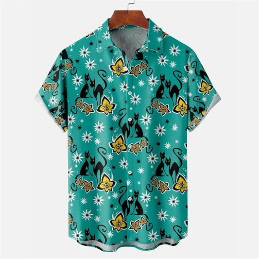 Color: Blue, Size: 5XL - Men's Summer Shirts Egyptian Cat 3D Pattern Shirt Summer Lapel Short Sleeve Vintage Tops 2023 Unisex Men's And Women's Clothing